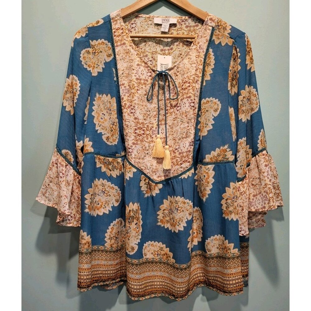 New Semi Sheer 3/4 Bell Sleeve Tassel Tie Neck Relaxed Fit Boho Top Sz 1X